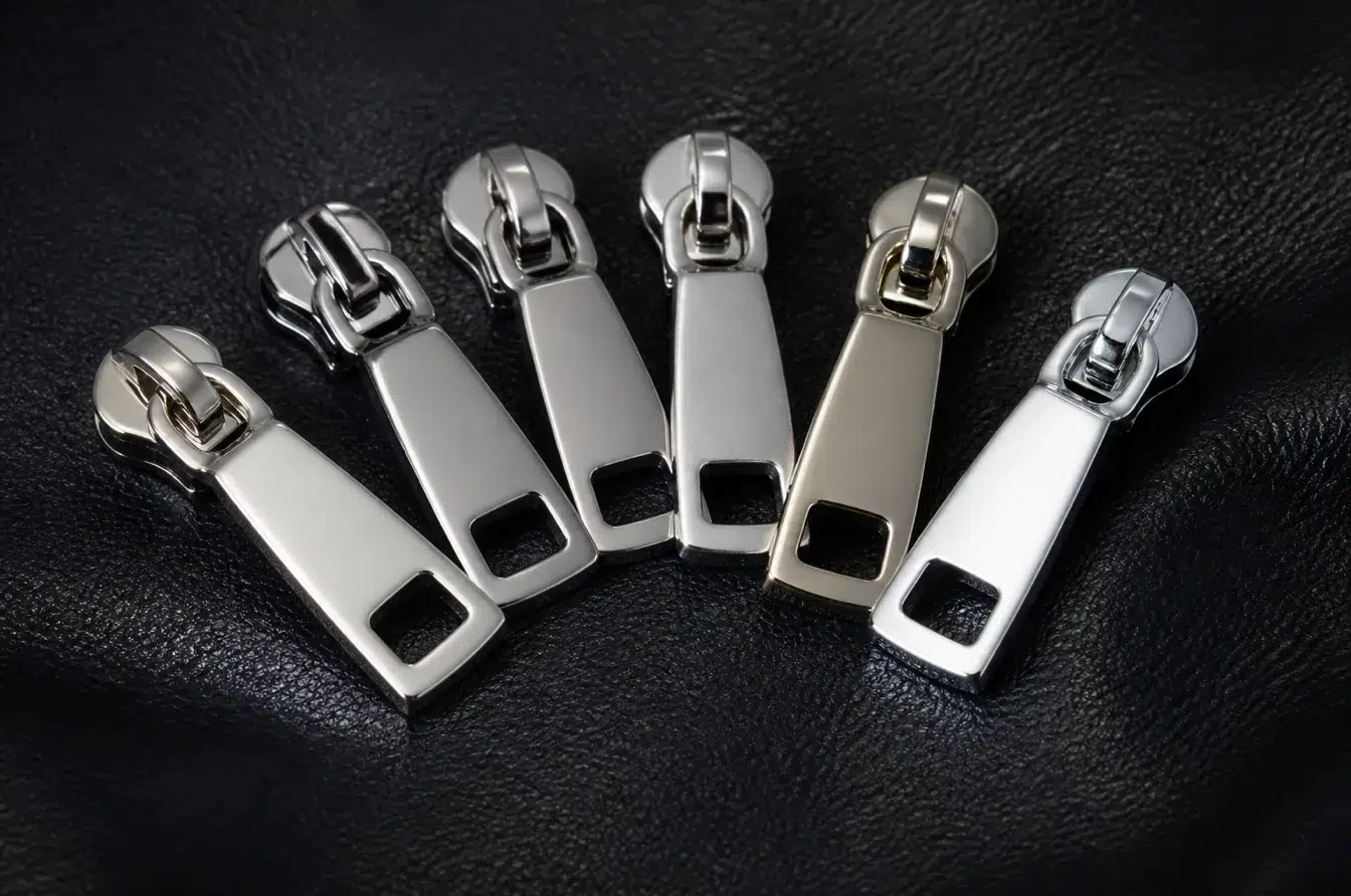 Five silver tone zipper pulls reveal subtle differences in warmth and reflectivity