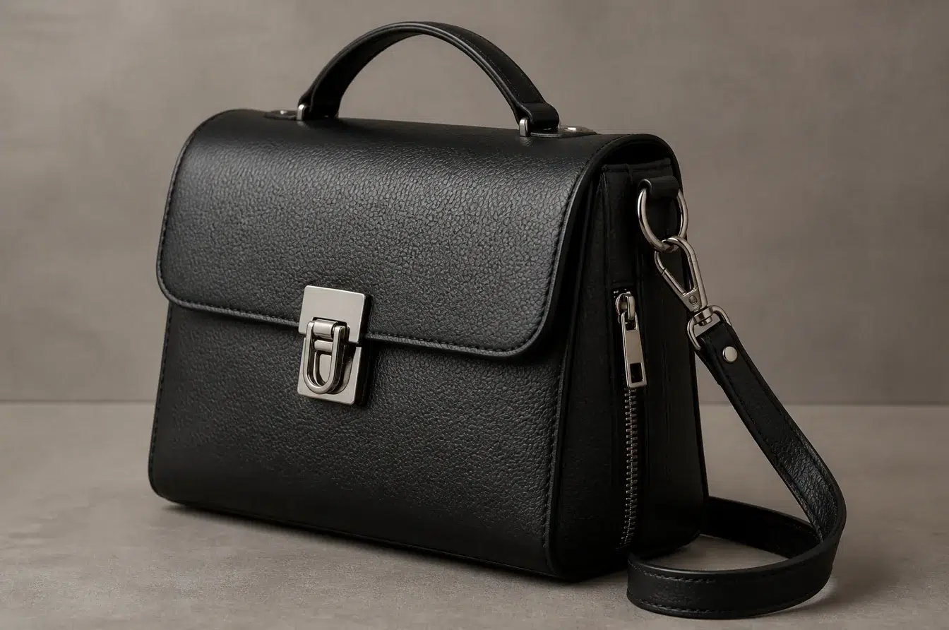 Black leather handbag displays a stainless clasp strap ring and zipper pull in use