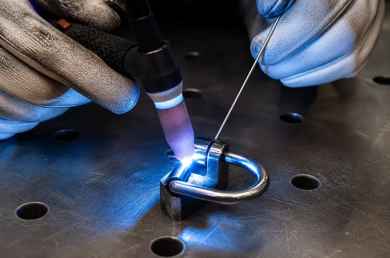 Technician TIG welds a stainless D ring to protect corrosion performance around heated joints