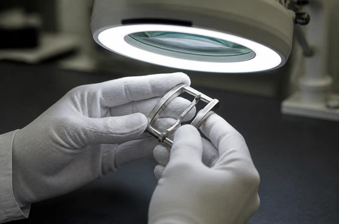 Inspector examines a stainless buckle beneath magnification after corrosion exposure testing