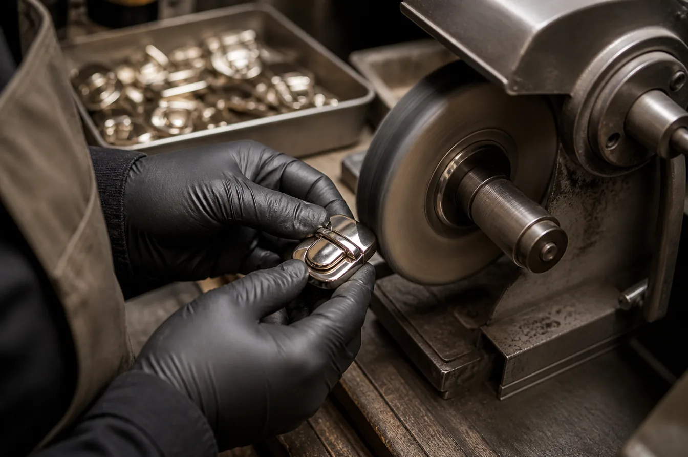 Craftsperson polishes a stainless bag clasp for a smooth reflective and corrosion resistant finish