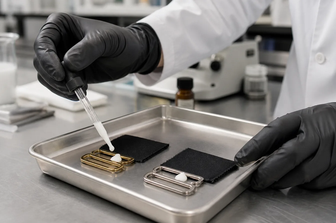 Technician tests sunscreen compatibility on brass and stainless steel swimwear sliders