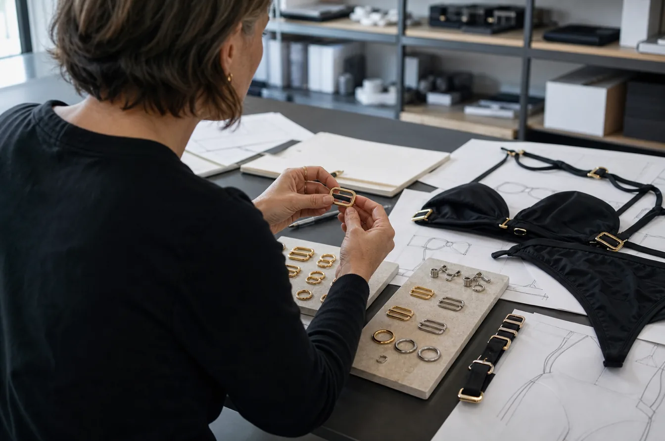 Designer compares brass and stainless steel components beside a custom black swimsuit