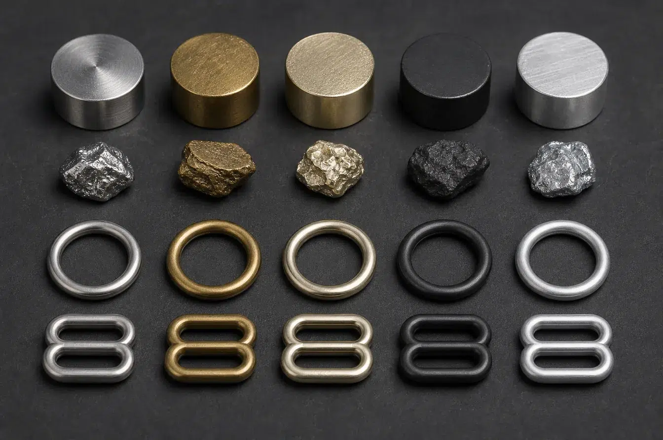 Metal samples and swimwear rings compare substrates and corrosion-resistant finish options