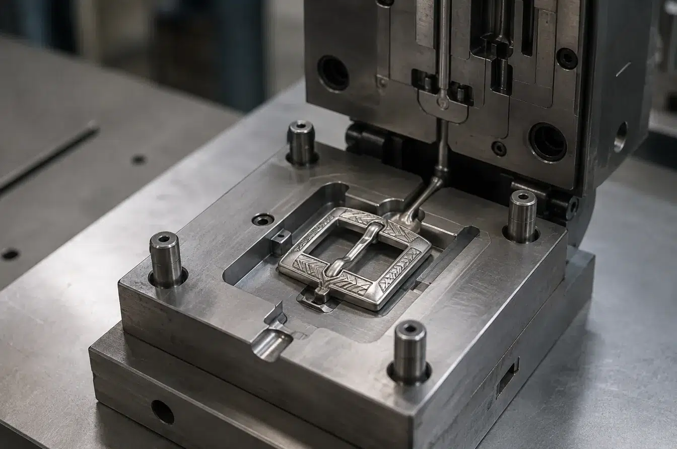 Open precision mold shows detailed zinc alloy buckle die casting for custom hardware