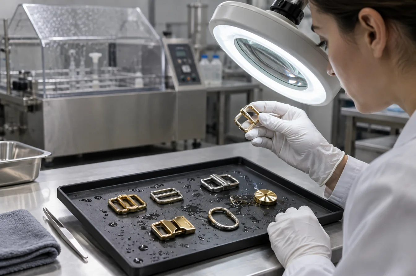 Technician inspecting swimwear hardware after accelerated corrosion chamber exposure