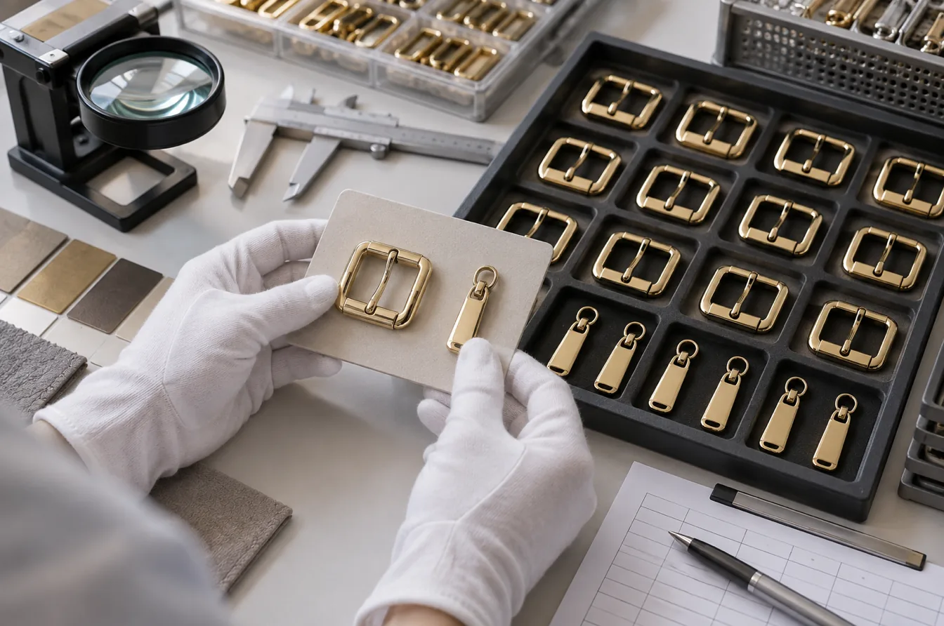 Inspector compares approved plated hardware samples with matching bulk production parts