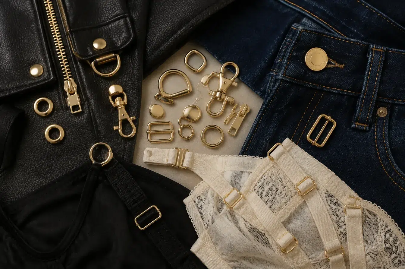 Gold fashion hardware reviewed across leather denim and lingerie materials before bulk approval