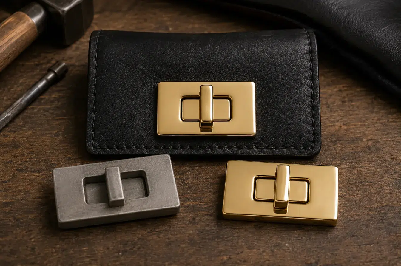 Handbag turn-lock closures showing how base metal affects the final surface finish