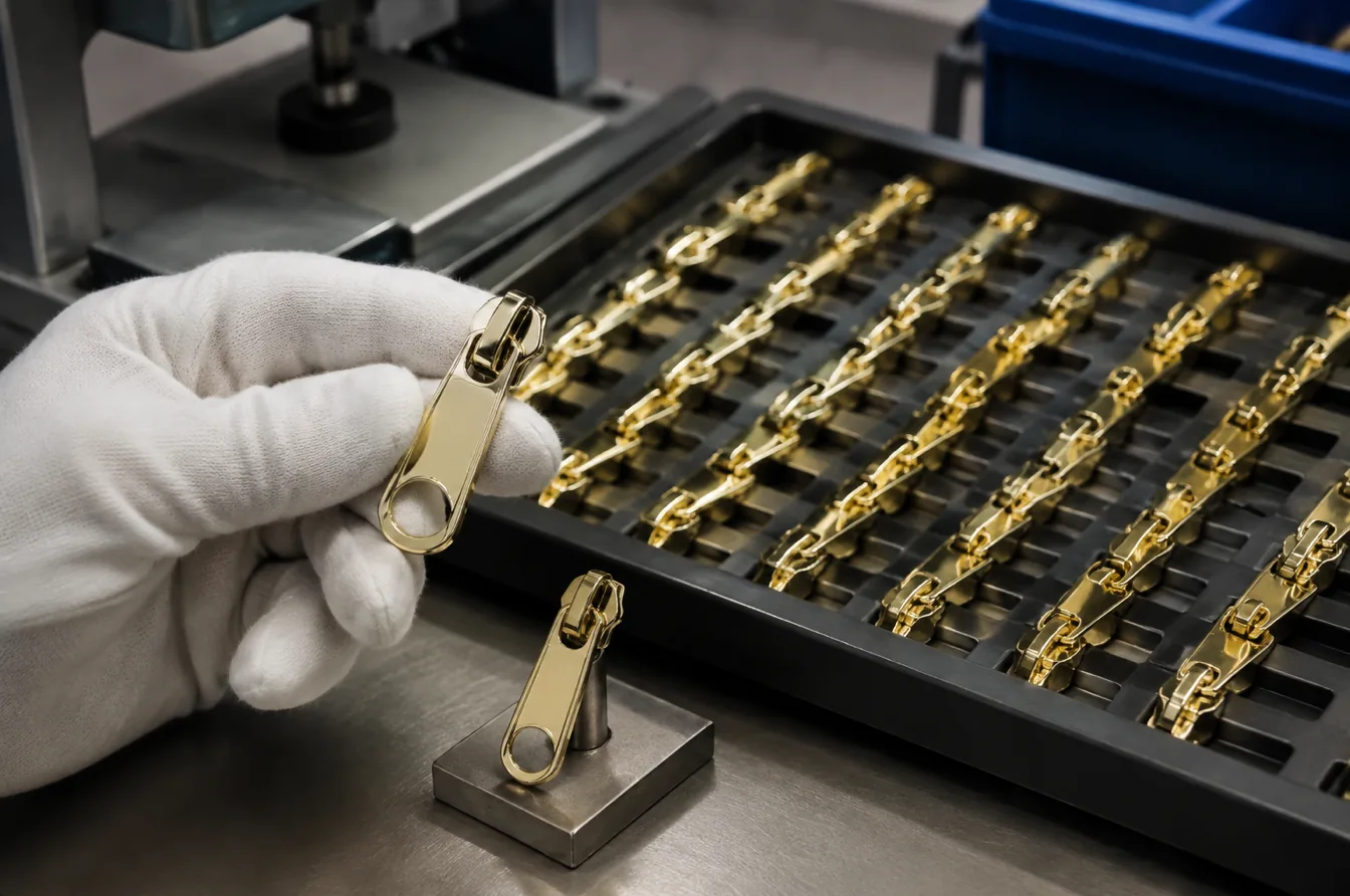 Gloved inspector checks gold zipper pulls for consistent bulk finish color