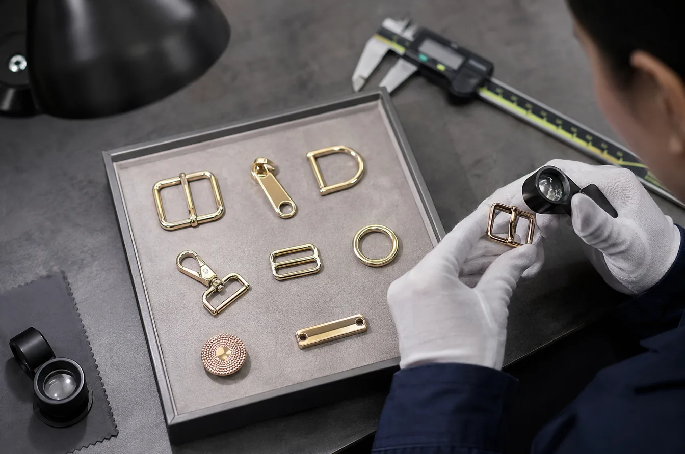 Inspector checks coordinated gold fashion hardware components for color and finish consistency