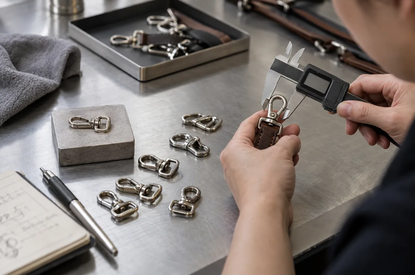 Inspector comparing production clasps with approved measurements and functional fit requirements