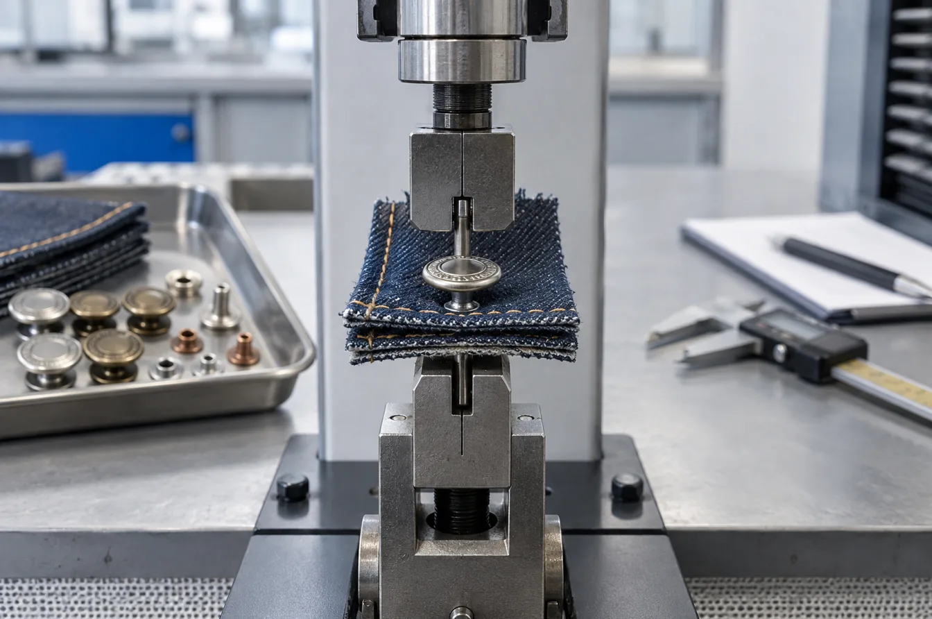 Jeans button attachment undergoes a controlled pull test on layered denim