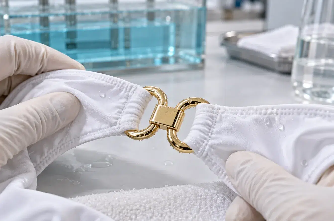 Inspector checking white swimwear fabric and gold hardware after chlorinated-water exposure
