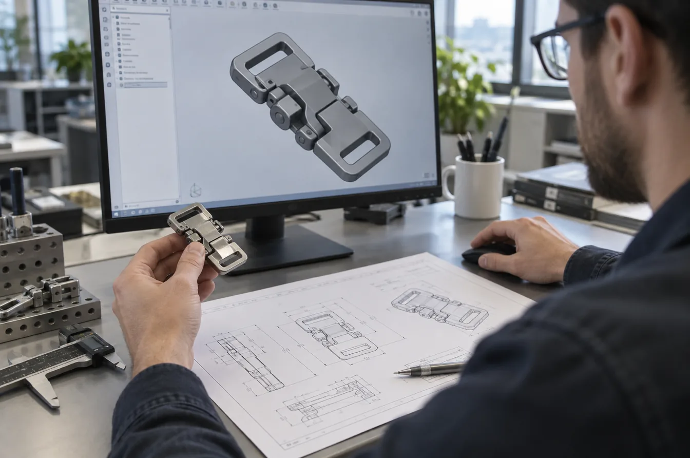 Technical drawing CAD model and metal sample show complementary hardware design data