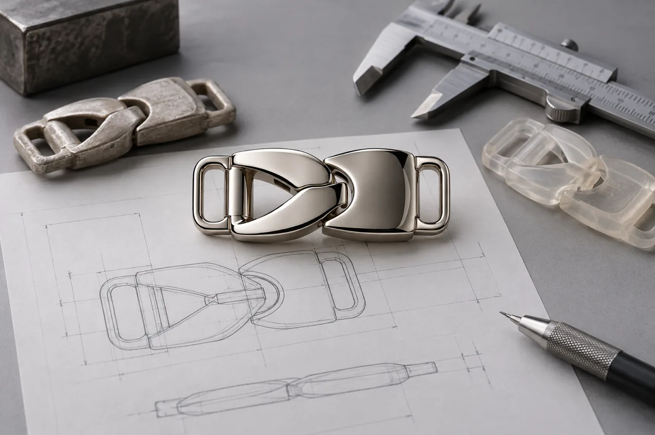 Approved custom clasp compared with resin prototype drawing and measuring tools