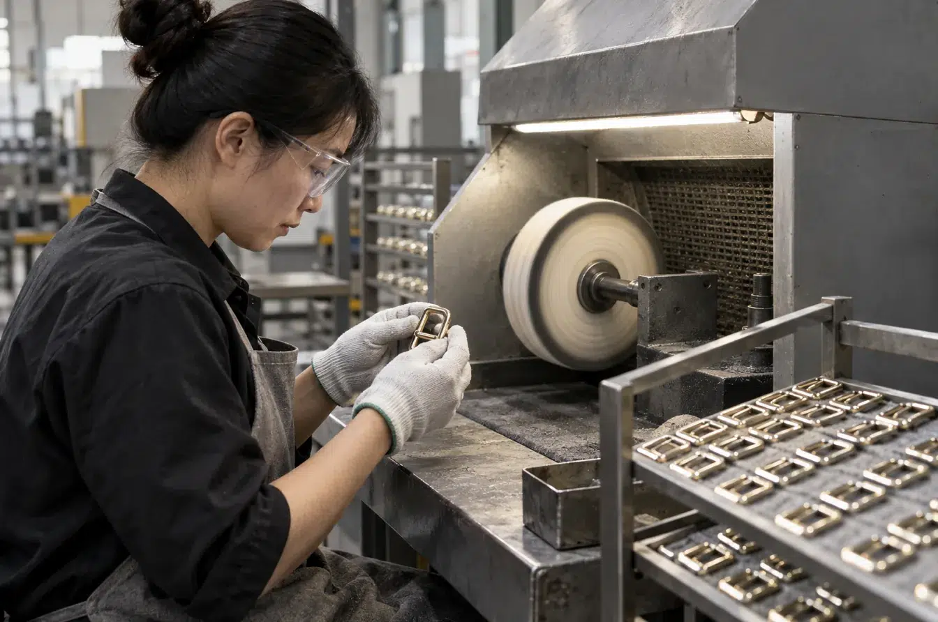 Operator inspecting polished fashion buckles during a controlled surface preparation process