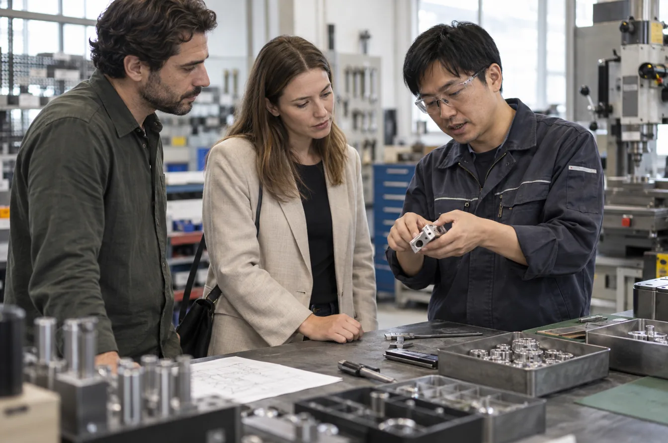 Brand visitors review custom hardware production with a factory technician