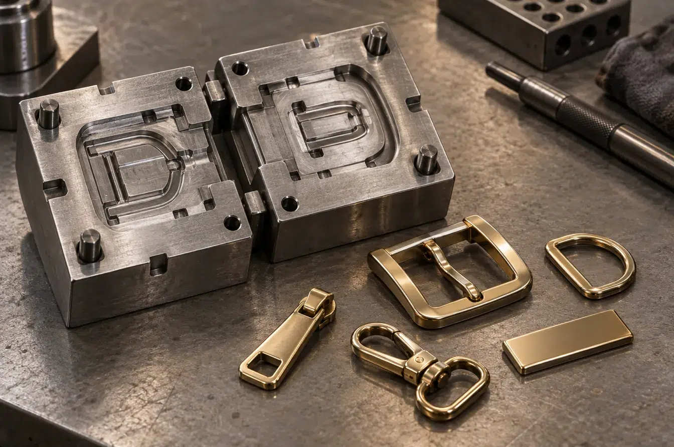 Custom fashion hardware displayed beside a precision steel production mold