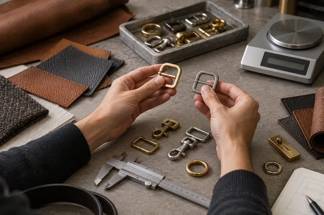 Designer comparing custom buckles by weight material texture proportion and finish