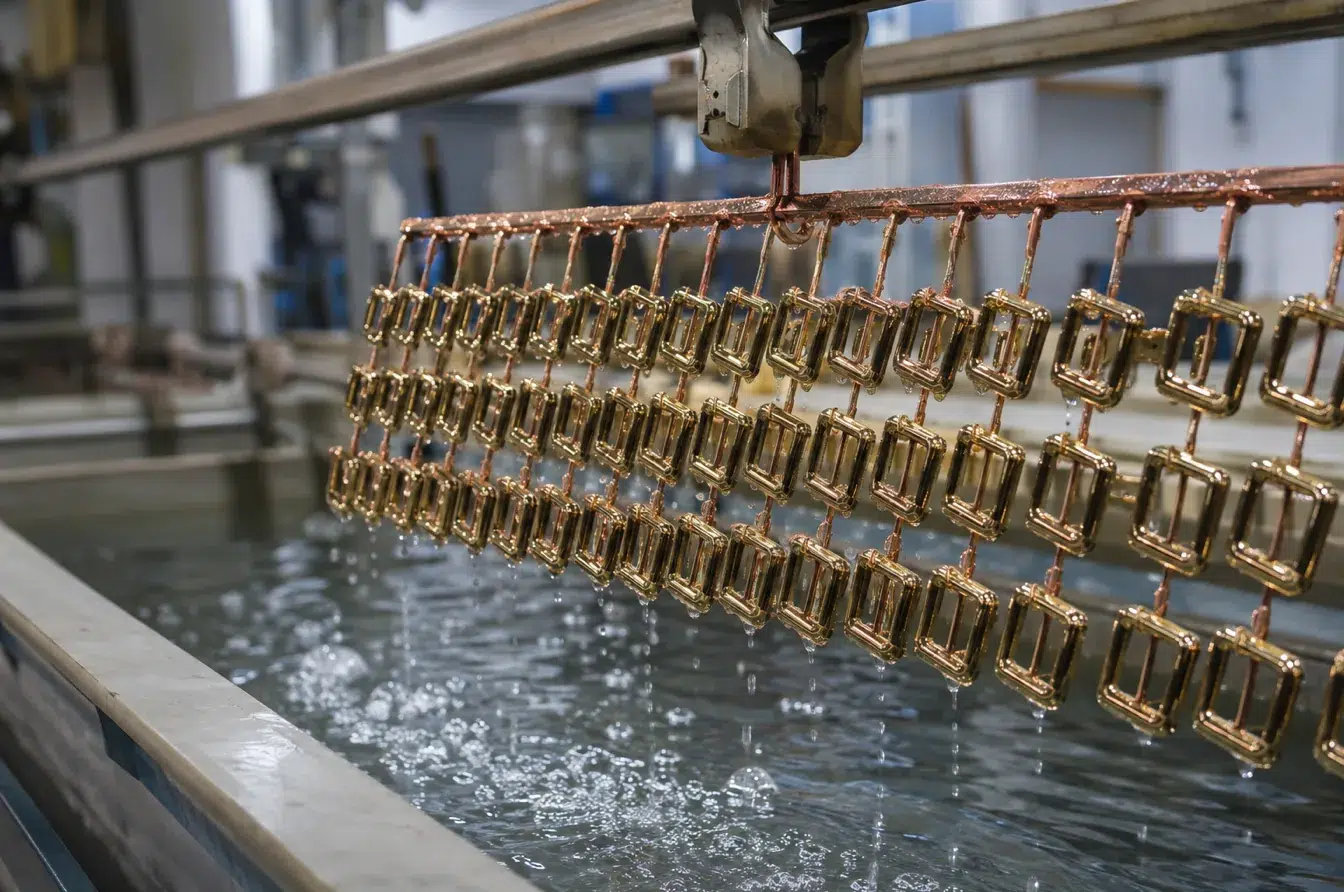 Champagne gold buckles emerge from an electroplating bath on a fully loaded rack