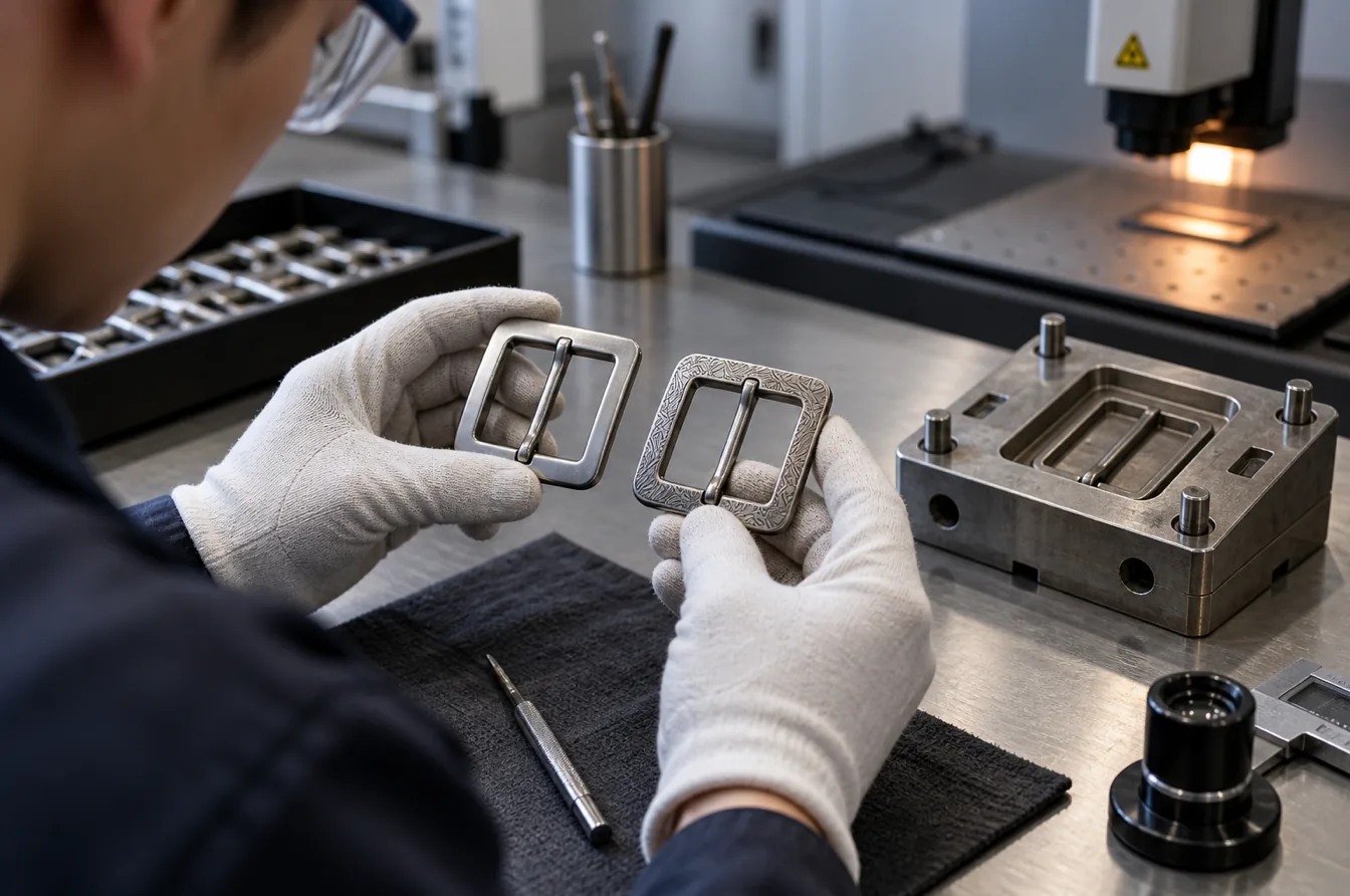 Technician compares standard and surface-customized buckles beside an existing mold