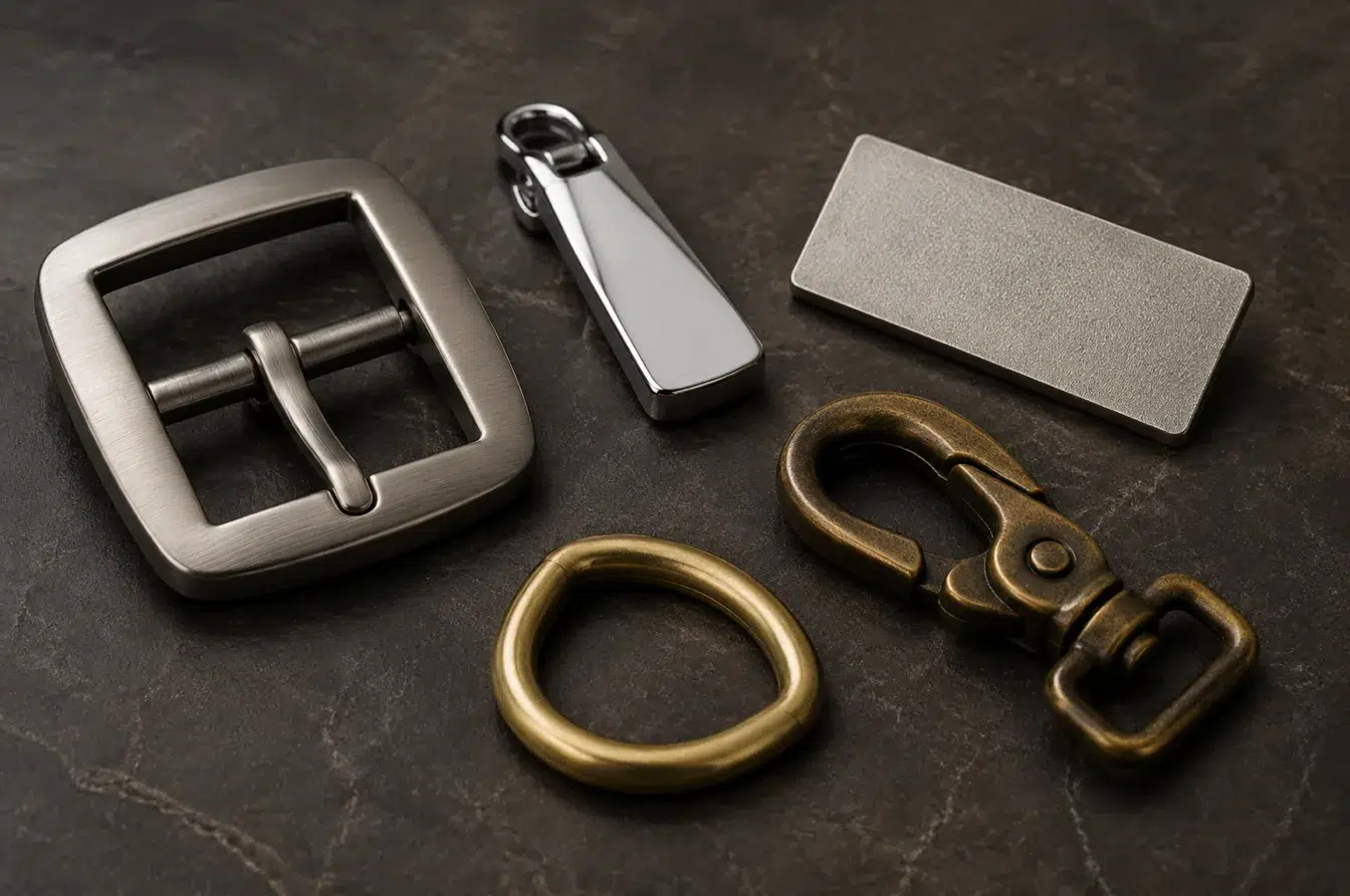 Custom fashion hardware displaying brushed mirror sandblasted tumbled and antique finishes
