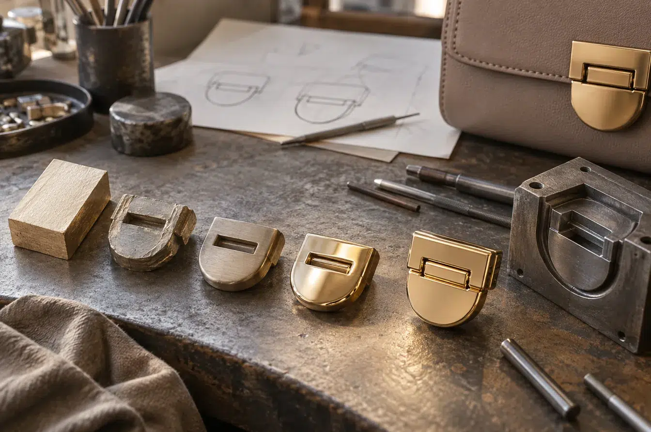 Custom fashion hardware samples arranged by material and production route
