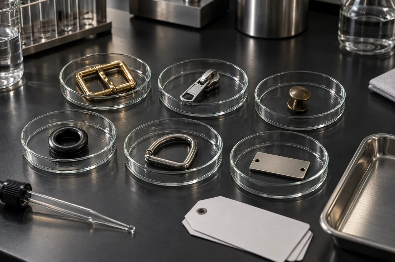 Finished fashion hardware samples arranged for lead content and nickel release testing