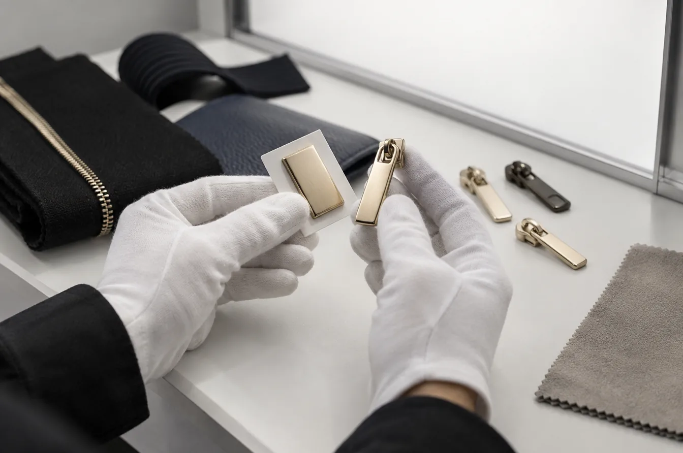Technician comparing custom zipper pull finish against an approved reference under neutral light