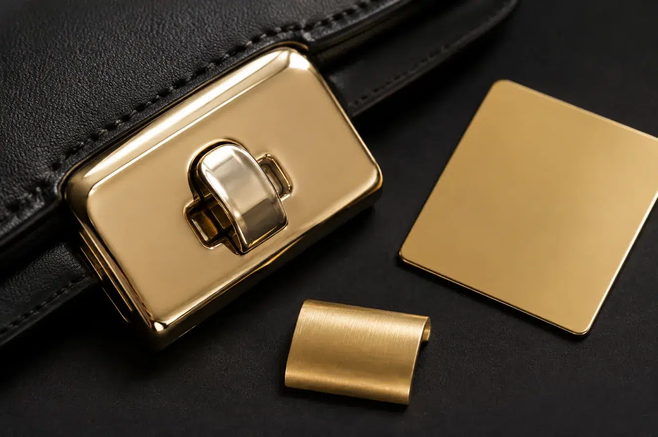 Polished gold handbag clasp compared with satin and bright metal finish samples