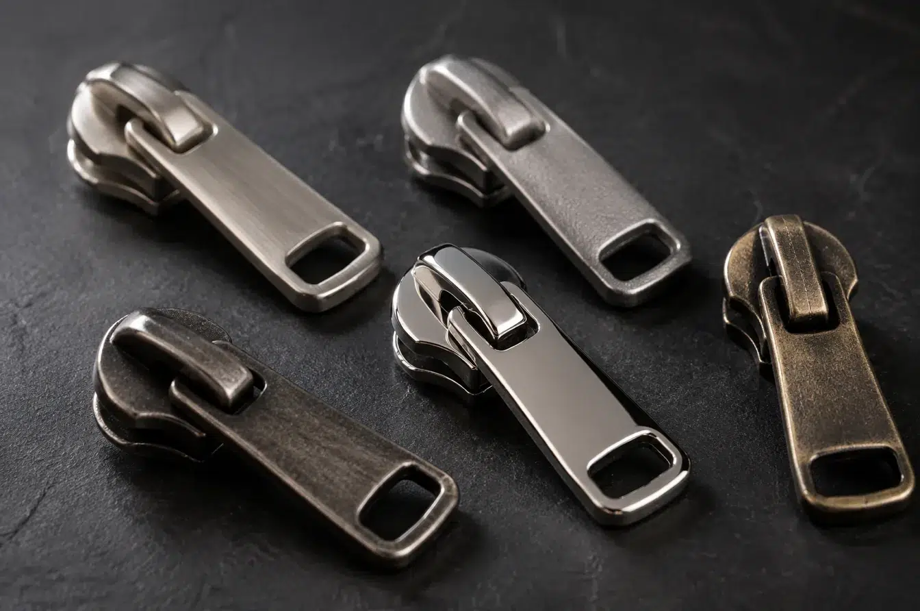 Matching zipper pulls showing brushed mirror sandblasted tumbled and antique finish appearances