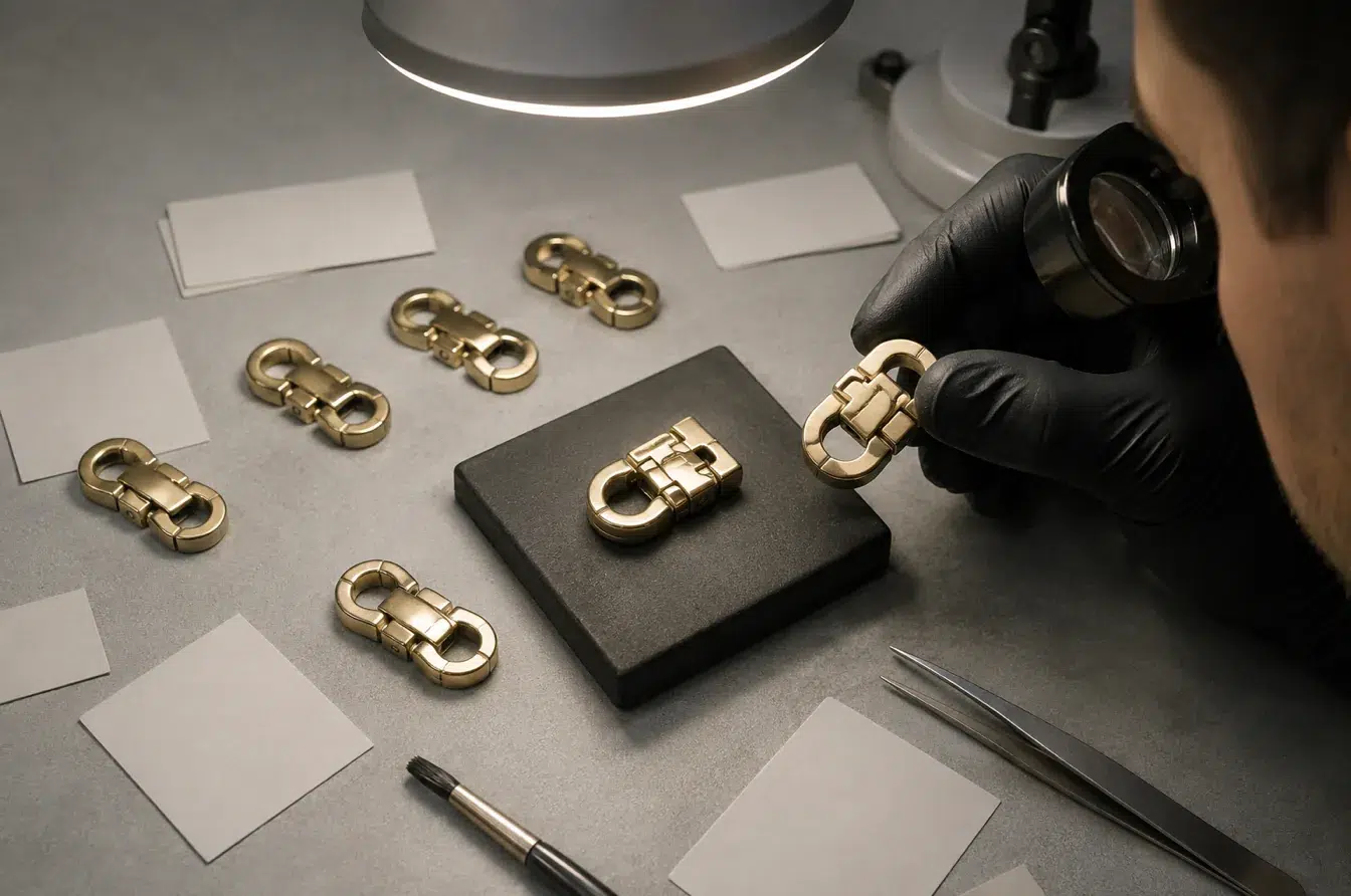 Inspector comparing finished hardware samples against an approved production master