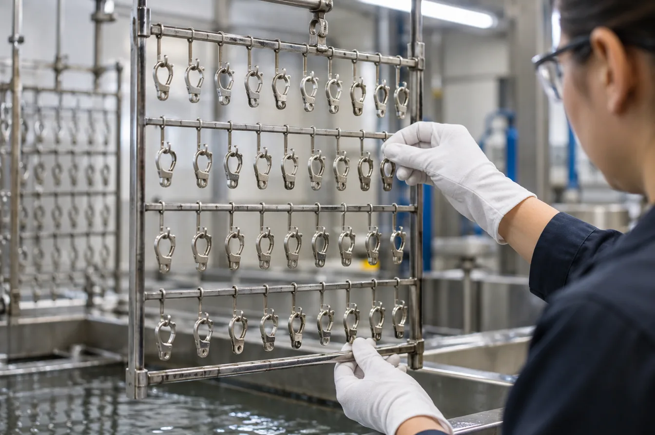 Technician inspects custom metal clasps on a controlled finishing rack