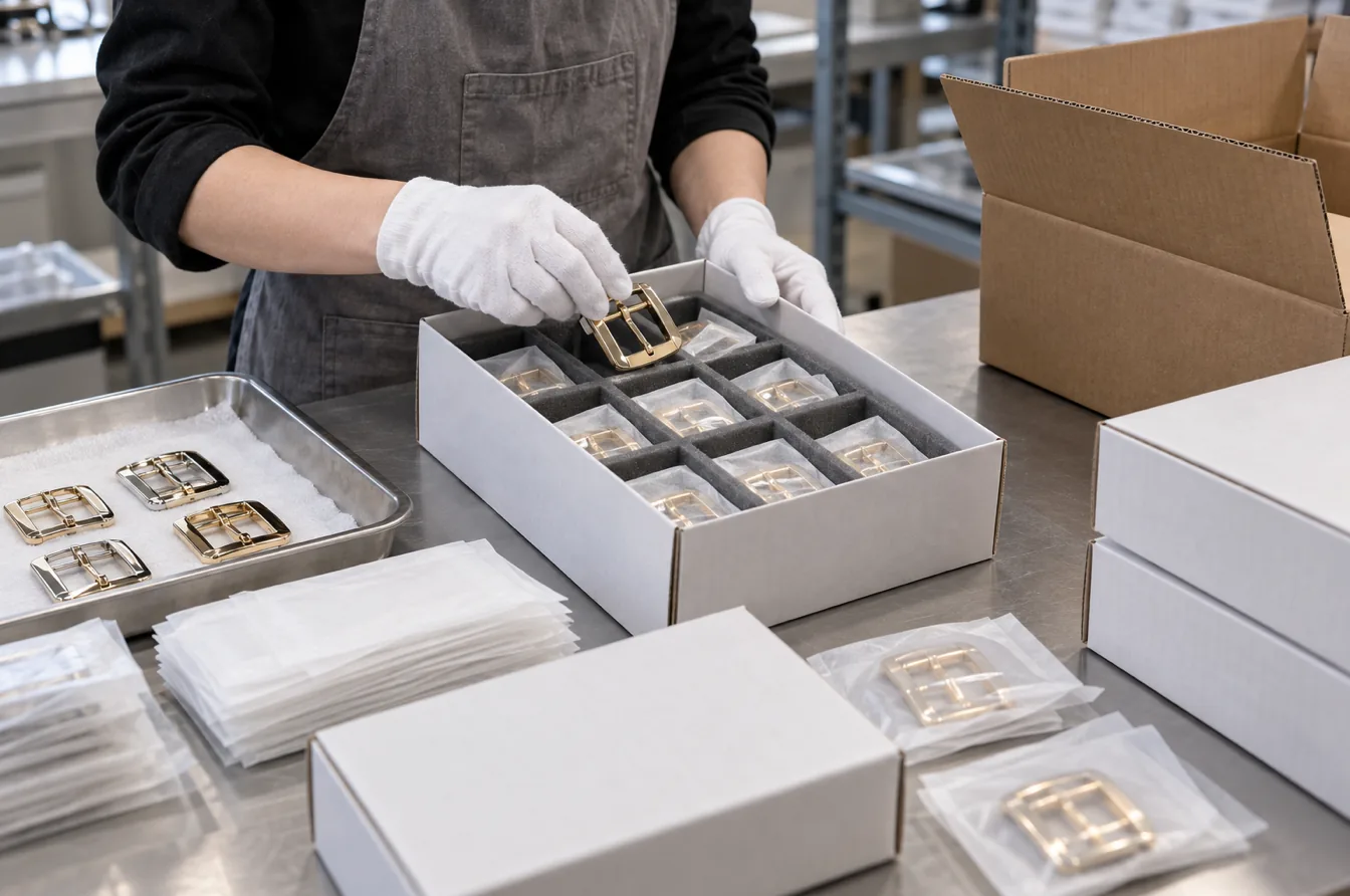 Custom garment buckles receive protective packaging before final shipment