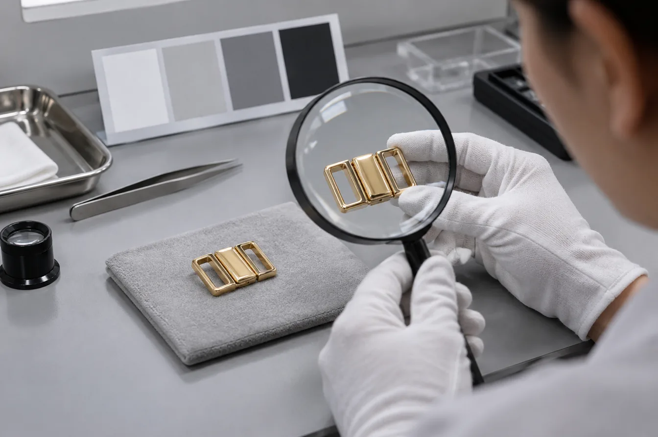 Inspector comparing tested and reference swimwear buckles under magnification