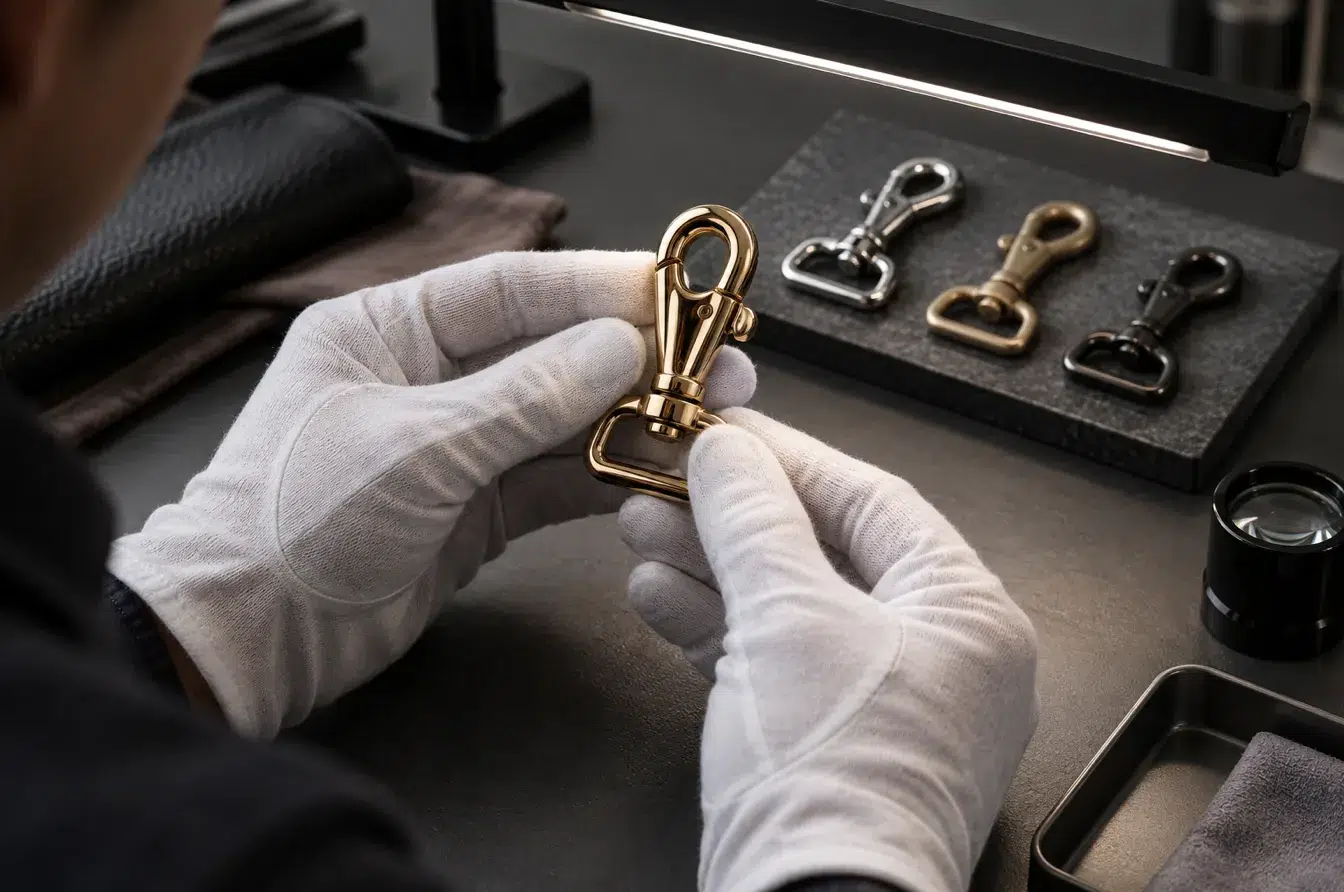 Technician inspecting custom metal clasp finish and edge quality under controlled lighting
