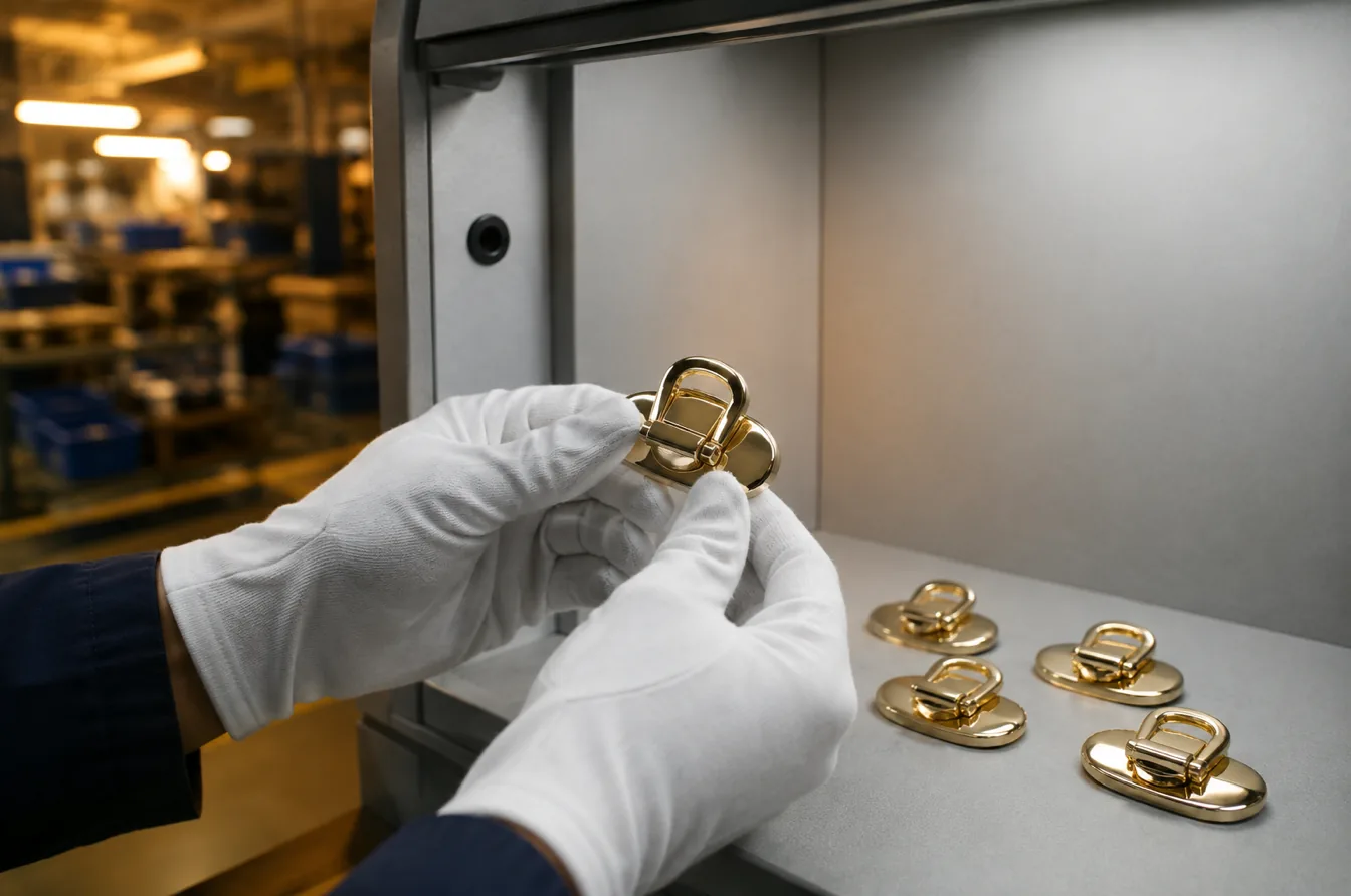 Inspector compares gold bag clasps under neutral and warm lighting at a factory