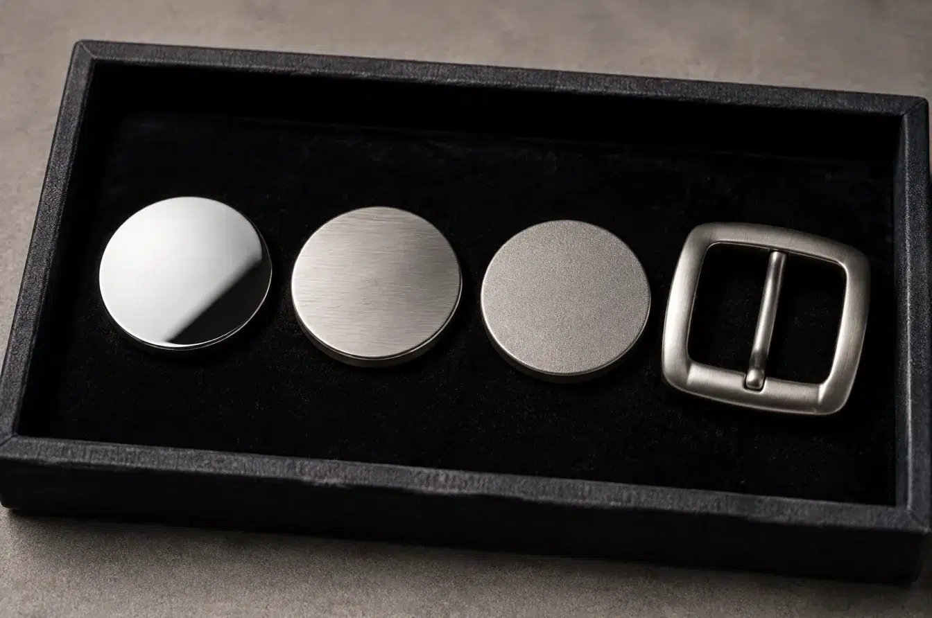 Mirror brushed and matte metal samples showing gloss and texture specification differences