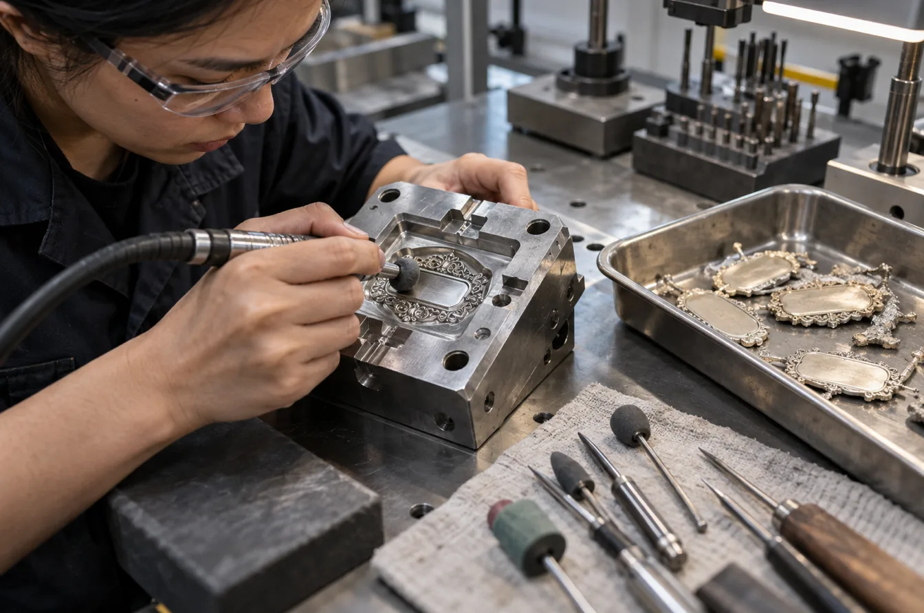 Toolmaker polishes a precision mold cavity for custom metal logo plates