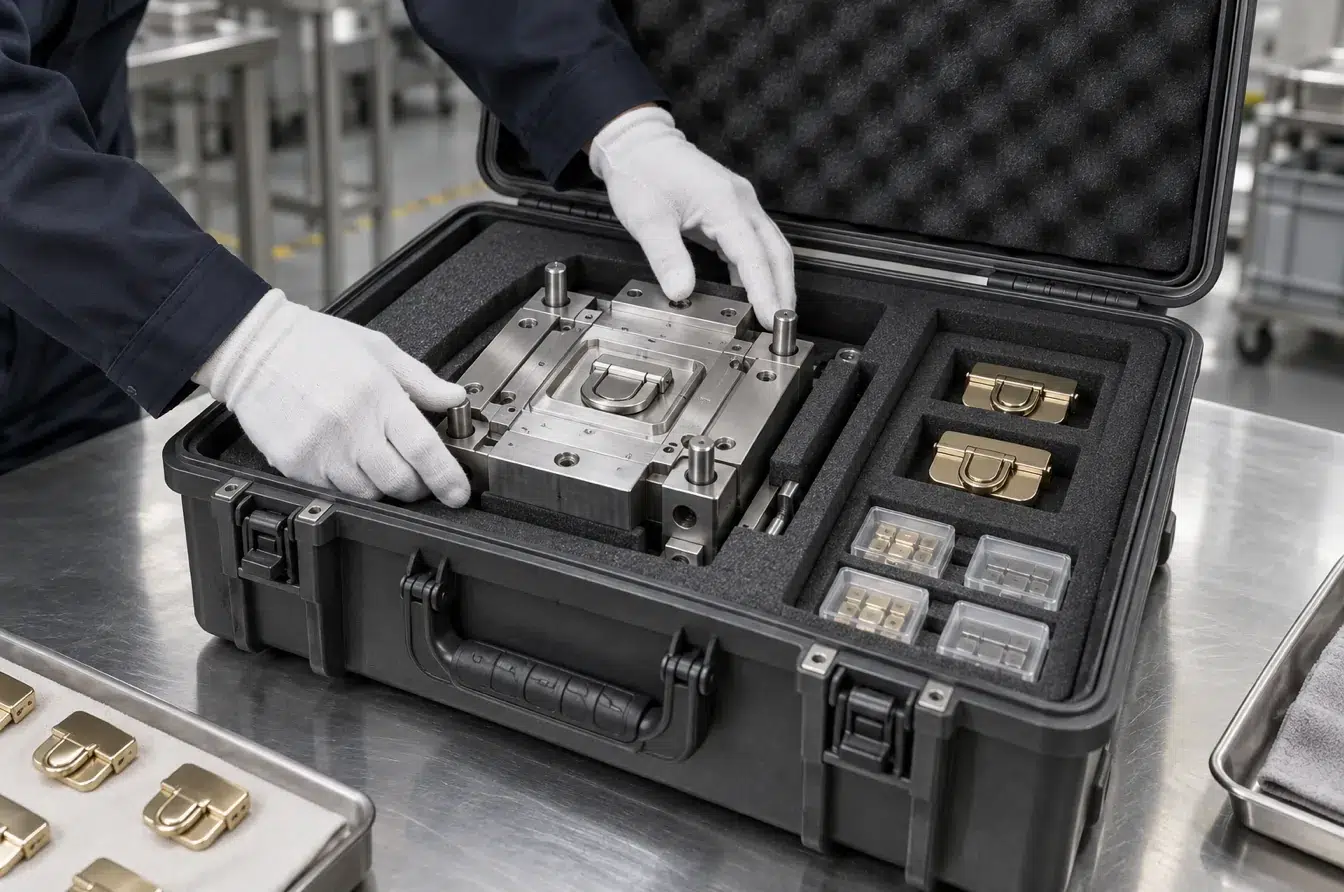 Custom hardware mold secured in a protective case for factory transfer