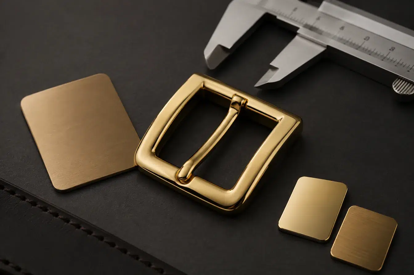 Gold fashion buckle compared with metal color samples and precision caliper