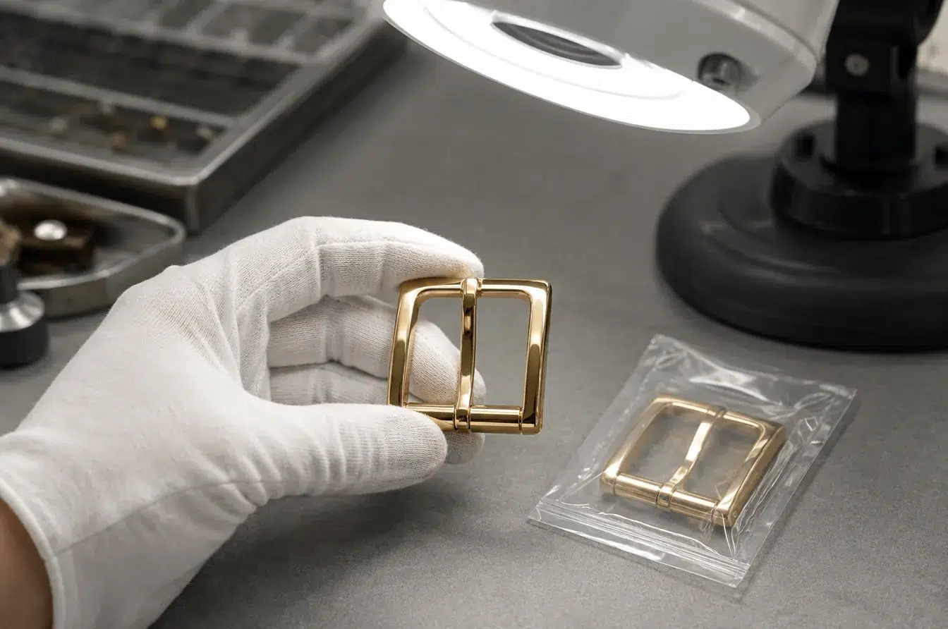 Gloved inspector compares gold buckle with sealed physical master under controlled light