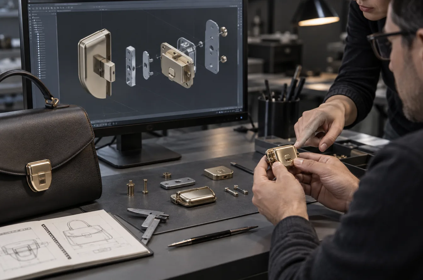 Engineers review an exploded clasp model and physical components before sampling