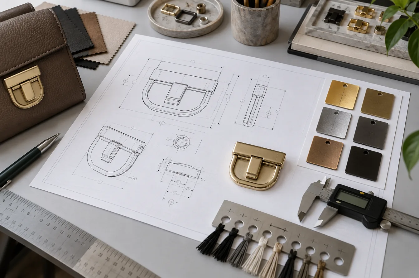 Custom clasp drawing with finish samples and inspection tools prepared for production