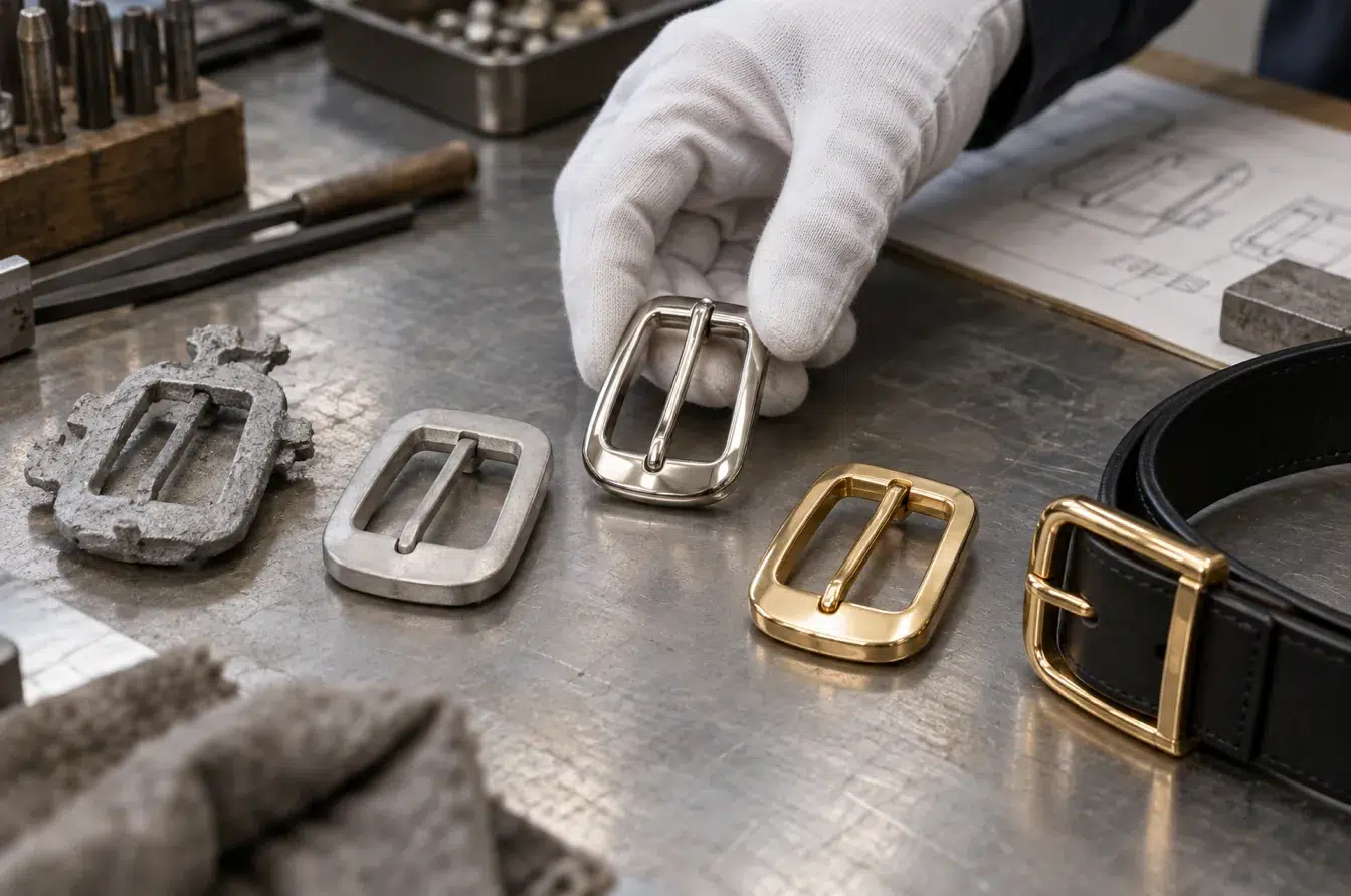Custom buckle development stages demonstrate relevant fashion hardware manufacturing experience