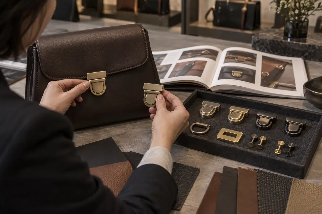 Fashion buyer comparing a finished bag clasp with supplier hardware portfolio samples