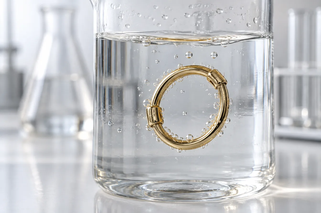 Gold-tone swimwear ring immersed in a controlled synthetic saltwater laboratory test