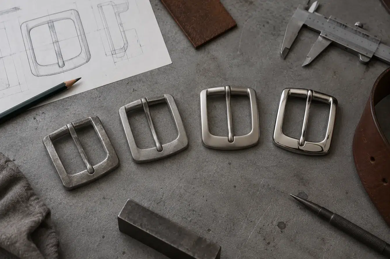 Successive custom buckle prototypes show controlled revisions from raw form to approved finish