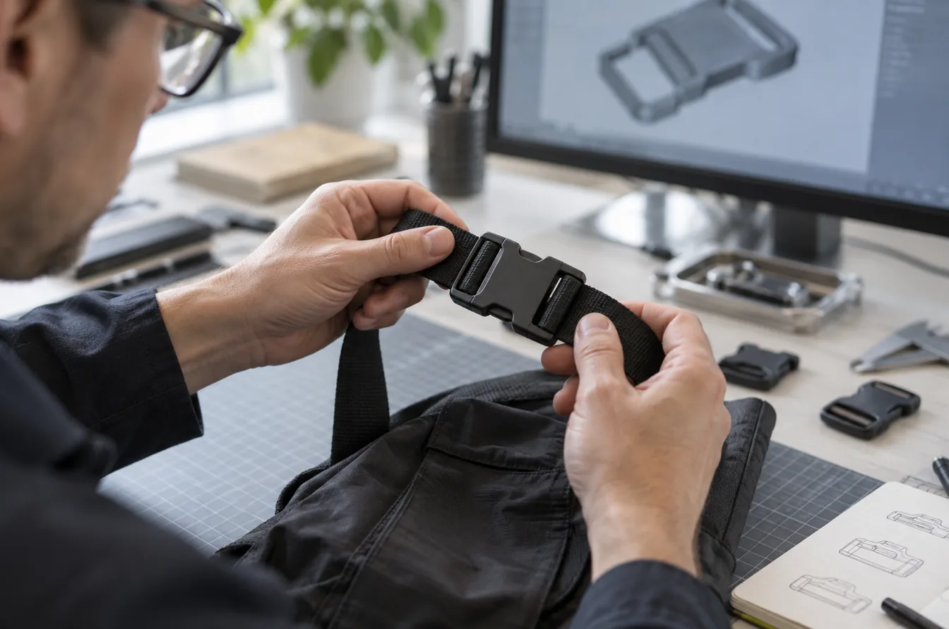 Engineer tests a custom buckle on a garment strap before production